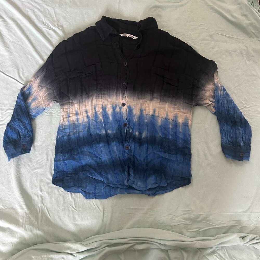 Zara Ombre Dip Dye Button Down Shirt Blue Black Medium Boho Gauze